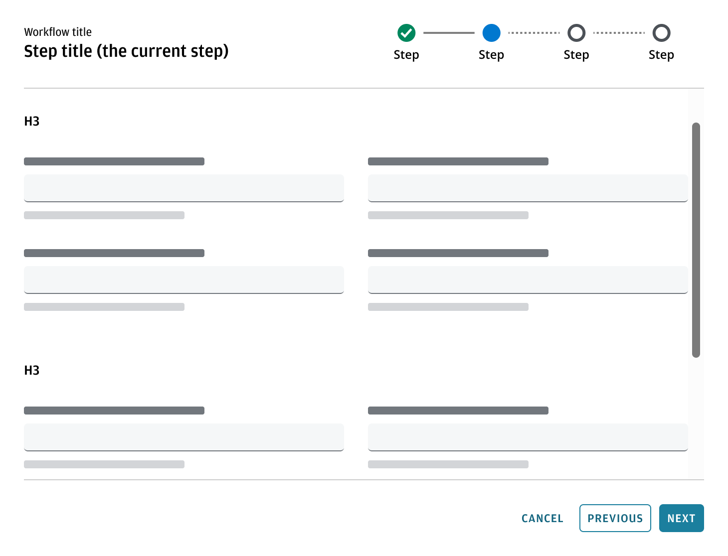 Content area scrolling in a wizard with horizontal stepper, showing fixed stepper and button bar